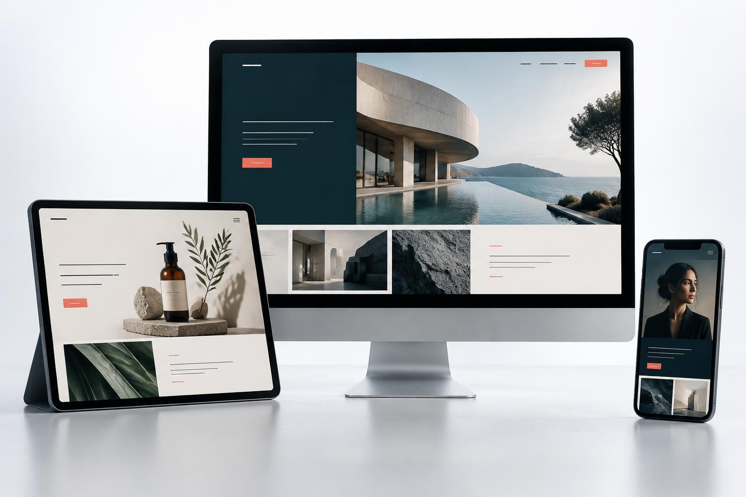 Composição ilustrativa de sites modernos de arquitetura, produtos e profissionais em computador, tablet e celular